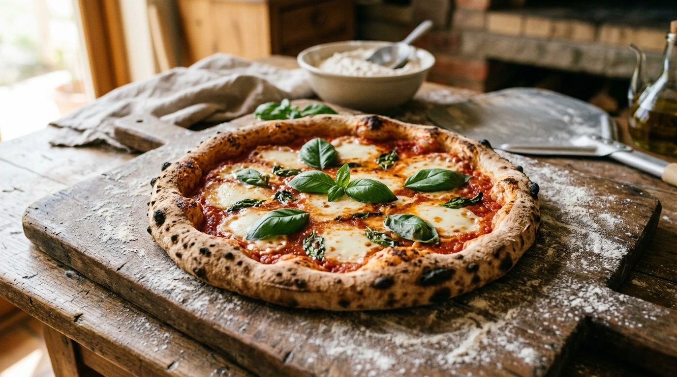 Préparation artisanale d'une pâte à pizza sur un plan de travail